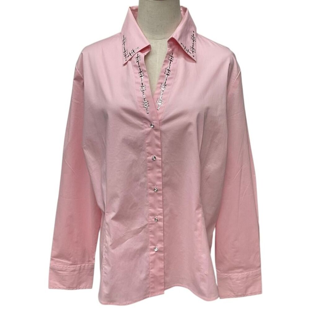 H&J Pink Plus Sz 1X Button Down Shirt Bedazzled Silver Stud Collar Long Sleeve